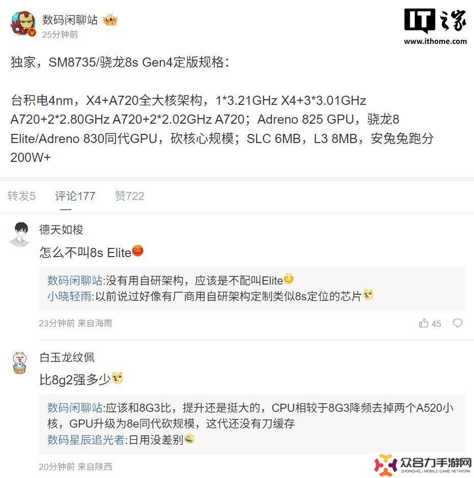 高通驍龍8s Gen 4規(guī)格曝光：X4+A720全大核，性能如何？